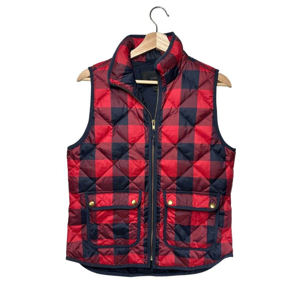 J Crew Excursion Down Puffer Vest Jacket Buffalo Check Plaid Quilted Sz S Red